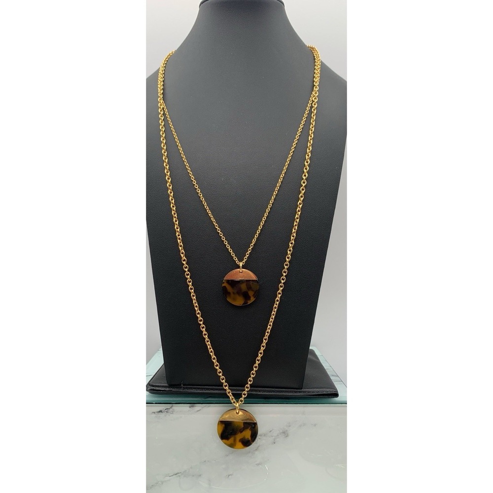 J.Crew Gold Tone Lightweight Double Layer Pendant Necklace Tortoise Shell Disc
